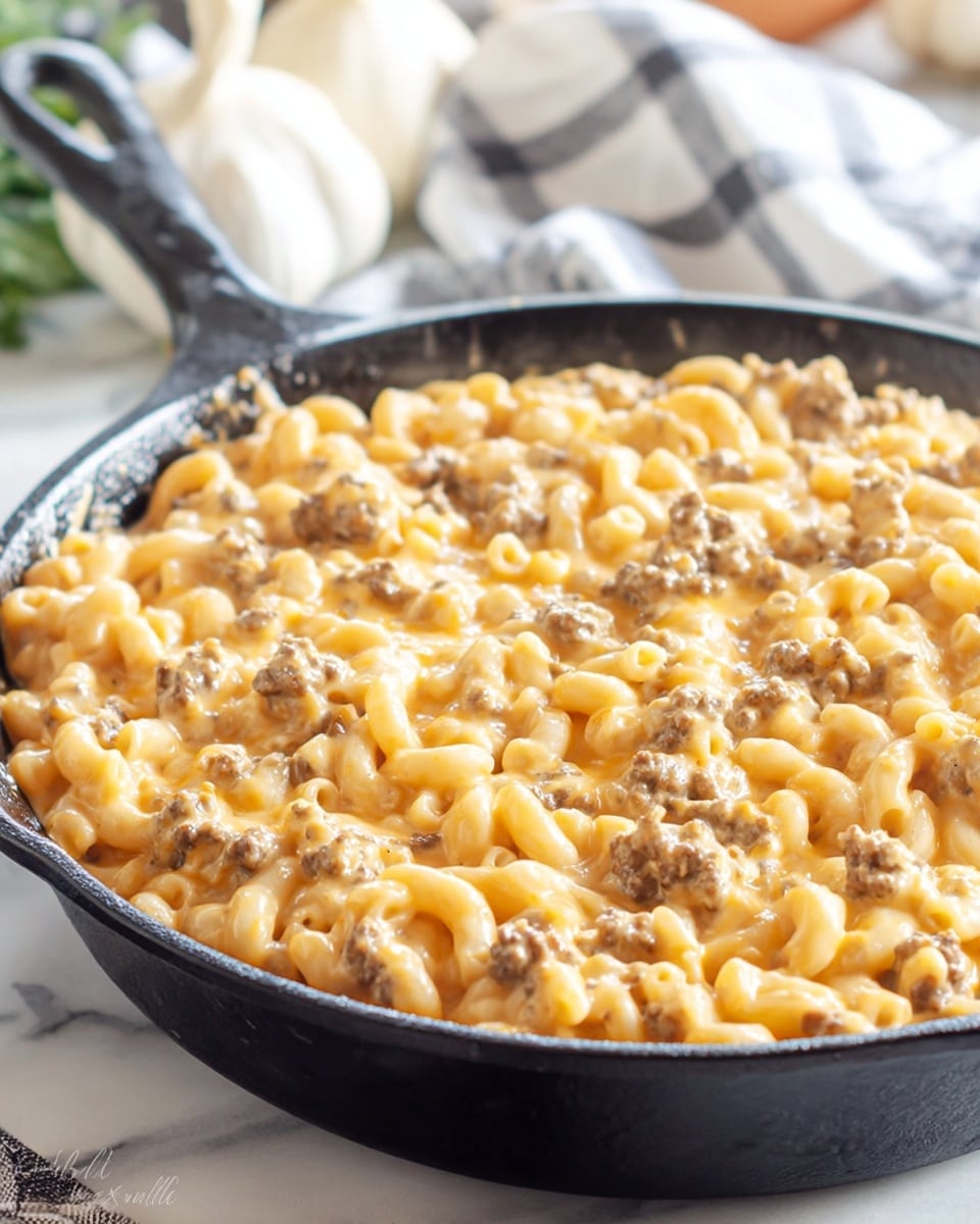 The dish is a creamy macaroni and ground beef mix served in a round black skillet. The top layer shows small curly macaroni noodles in a pale yellow creamy sauce, mixed evenly with small brown pieces of ground beef throughout. The texture looks smooth and thick, with some bubbling on the sides, showing it is hot and fresh. The skillet has a handle on the right side and is placed on a white marbled surface, with a soft background showing a checkered cloth and some green leaves blurred out. photo taken with an iphone --ar 4:5 --v 7