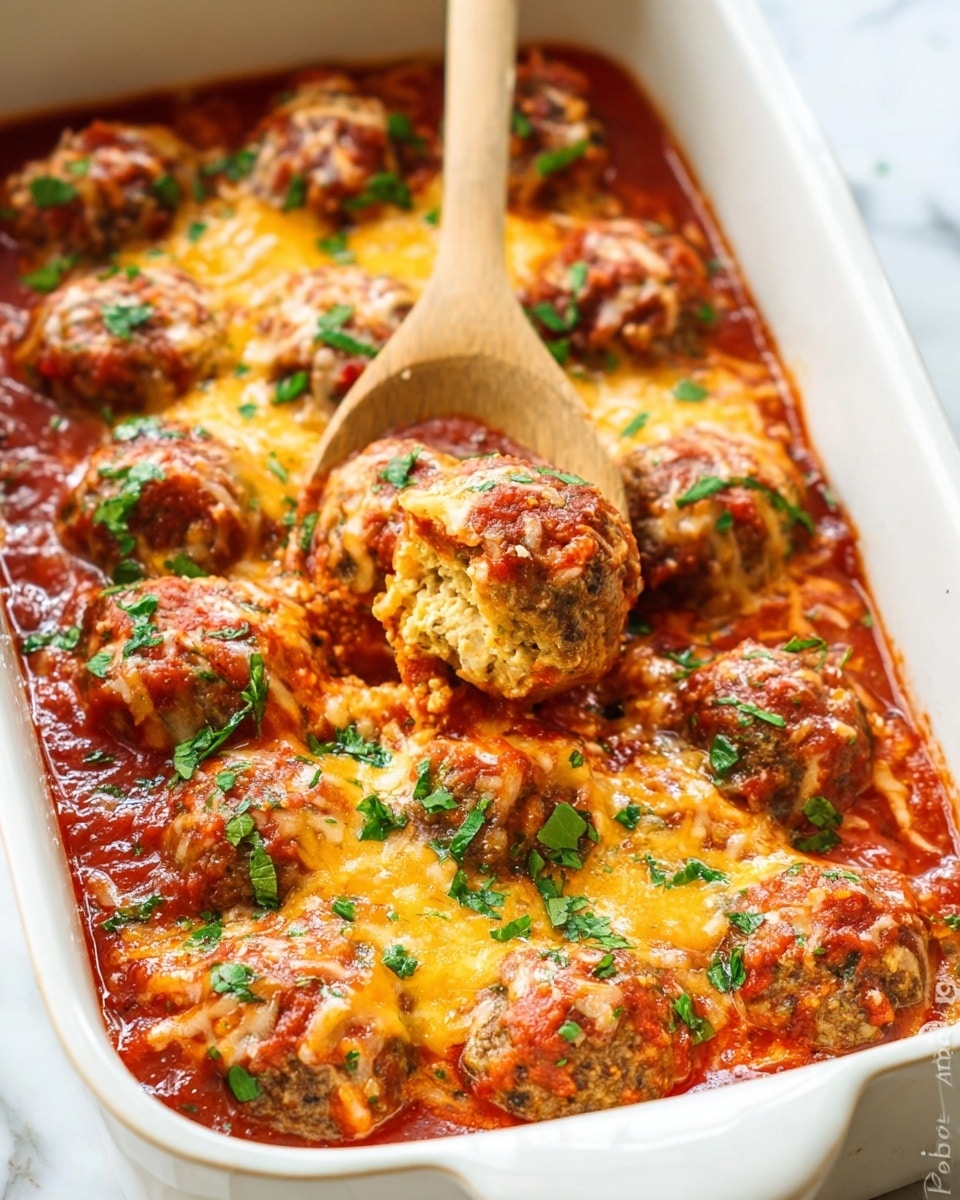 A white baking dish filled with round meatballs covered in a thick layer of bright red tomato sauce and sprinkled with shredded orange-yellow melted cheese. The meatballs have a dense brown texture peeking through the sauce, and there are small green herb leaves scattered on top for garnish. A wooden spoon is lifting one meatball from the dish, showing the sauce coating and cheese melting underneath. The background has a white marbled texture. photo taken with an iphone --ar 4:5 --v 7