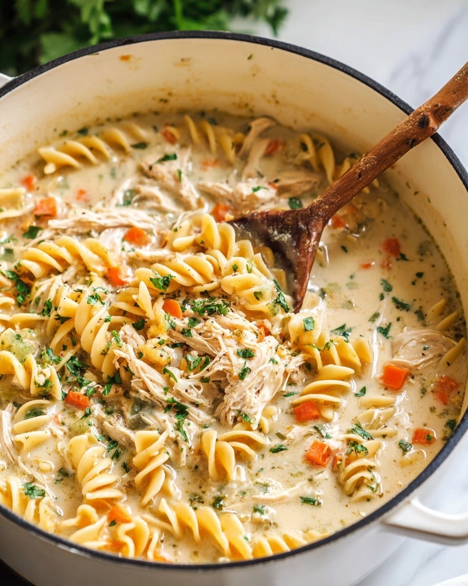 A close-up view of a black pot filled with a creamy pasta dish. The dish has three visible layers: the bottom layer is light yellow pasta noodles with a twisted shape, the middle layer features shredded cooked chicken and small pieces of orange carrot, and the top layer is a light creamy sauce with green herbs sprinkled evenly on top. A wooden spoon with some sauce on it is partially submerged into the pot, showing a rich and smooth texture. The pot sits on a white marbled texture surface with some blurred green herbs in the background. Photo taken with an iphone --ar 4:5 --v 7