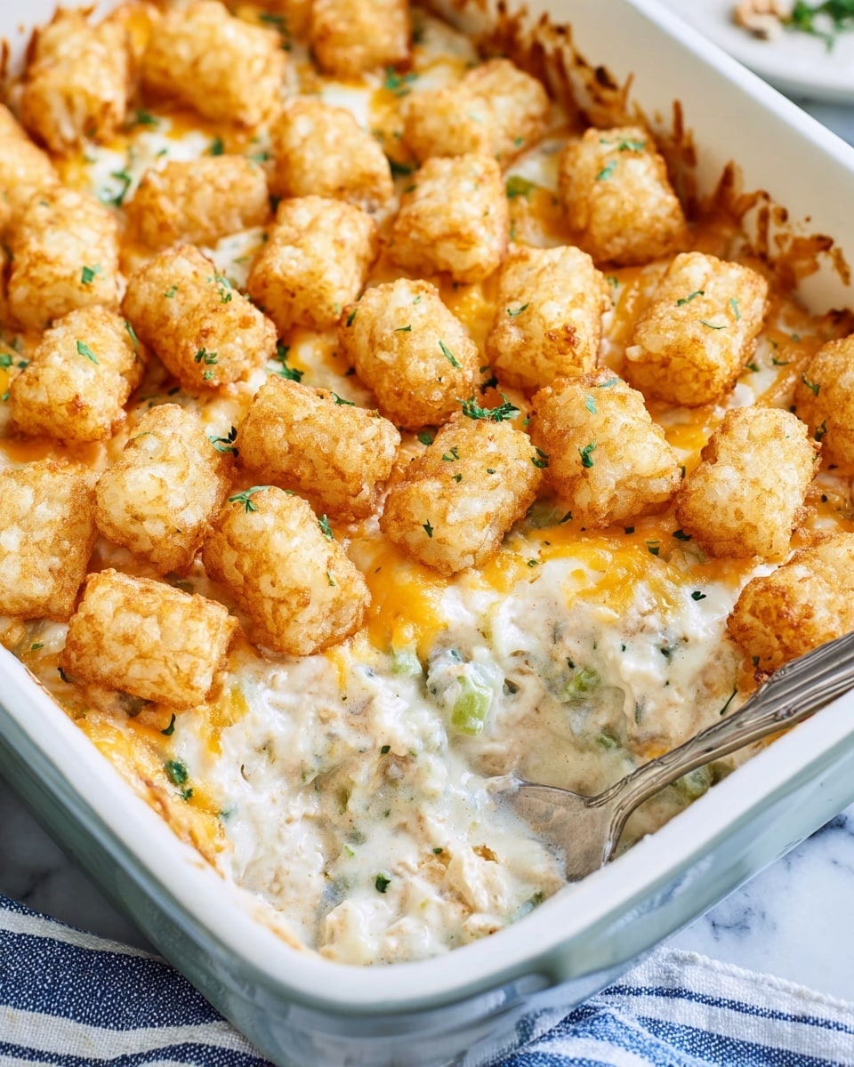 A close-up view of a casserole in a white baking dish with a silver spoon on the right side. The dish has three main visible layers: at the bottom, a creamy white and beige mixture with green bits that looks like a thick chicken and vegetable sauce; in the middle, melted golden and white cheese blending smoothly with the base; on the top, a layer of evenly spread crispy golden brown tater tots sprinkled with small green herb pieces. The dish is set on a white marbled surface with a blue and white striped cloth underneath. Photo taken with an iphone --ar 4:5 --v 7