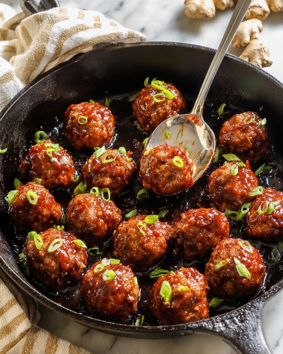 The image shows a black cast iron skillet filled with round, cooked meatballs coated in a shiny, reddish-brown sauce. The meatballs are arranged in a slightly scattered manner across the skillet, with some of them garnished with small chopped green onions or scallions on top. A silver spoon is lifting two meatballs from the skillet, showing the glossy texture of the sauce. The skillet sits on a woven mat with some ginger root and a striped cloth visible in the blurred background on a white marbled surface. photo taken with an iphone --ar 4:5 --v 7