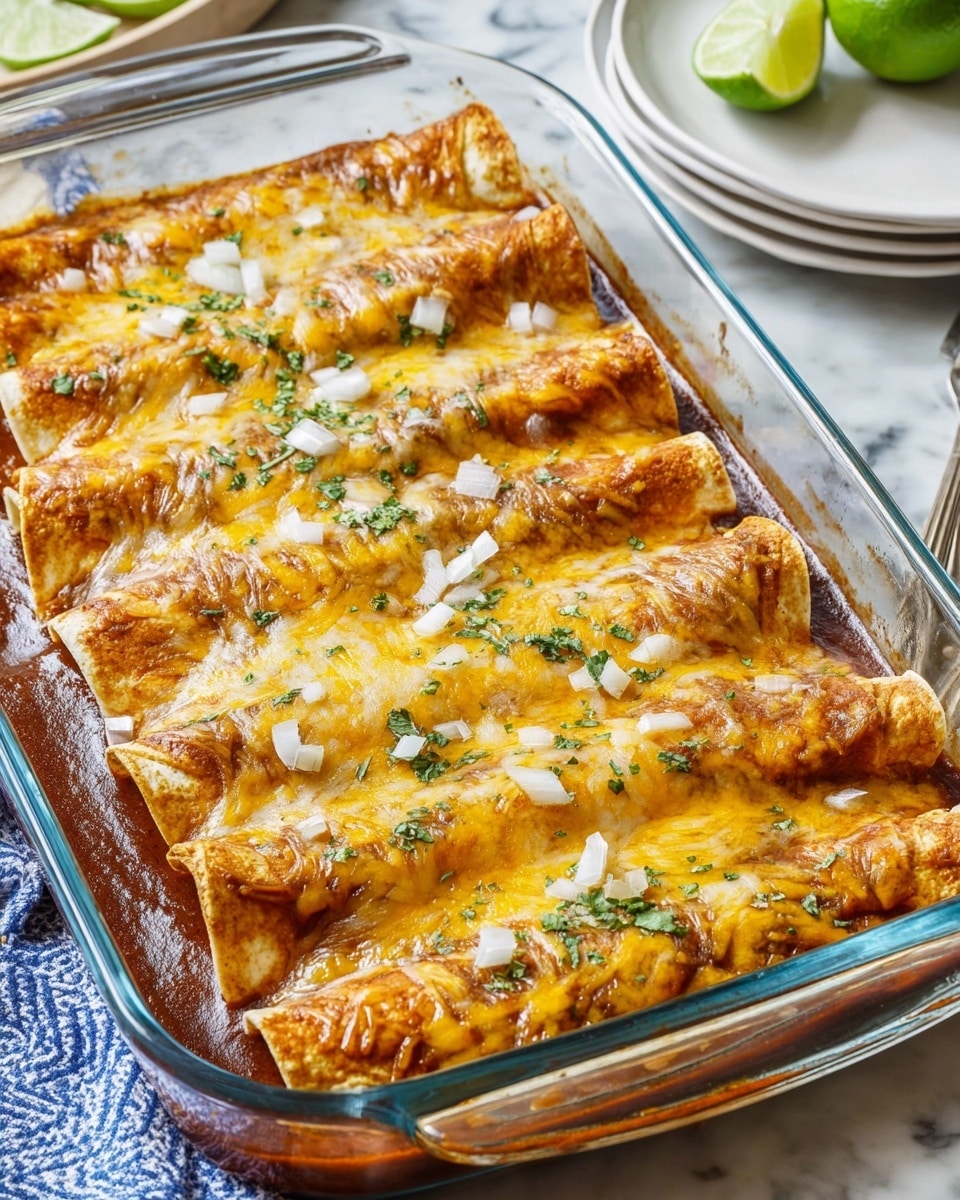 A glass baking dish filled with eight rolled enchiladas arranged side by side in two rows of four, each covered with golden melted cheese that is slightly browned in spots. The enchiladas have a reddish-orange sauce that coats them and pools slightly at the edges of the dish. Small bits of chopped white onion and fresh green cilantro are sprinkled evenly on top, adding contrast to the warm colors of the dish. Part of a lime and a white plate are visible on the white marbled surface next to the dish, with a blue cloth in the background. photo taken with an iphone --ar 4:5 --v 7