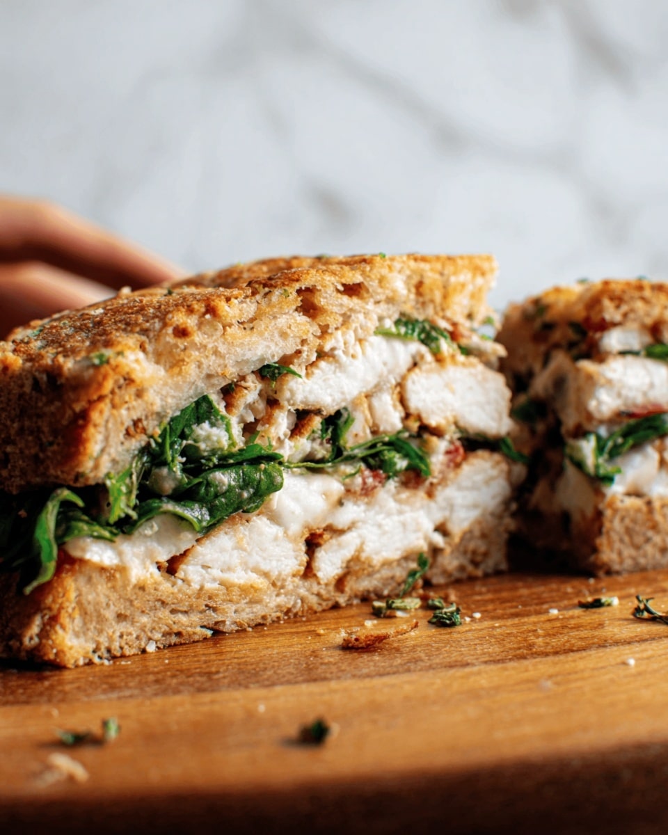 This image shows a sliced savory pie with three visible layers. The top layer is a golden-brown, crispy crust with a rough texture and some darker spots. The middle layer contains a filling with shredded light beige meat, mixed with green leafy herbs and small red pieces that look like sun-dried tomatoes. The bottom layer is a thin, soft dough base slightly browned at the edges. The pie sits on a wooden cutting board, and a woman's hand is reaching for one slice. The background is a white marbled texture. Photo taken with an iphone --ar 4:5 --v 7
