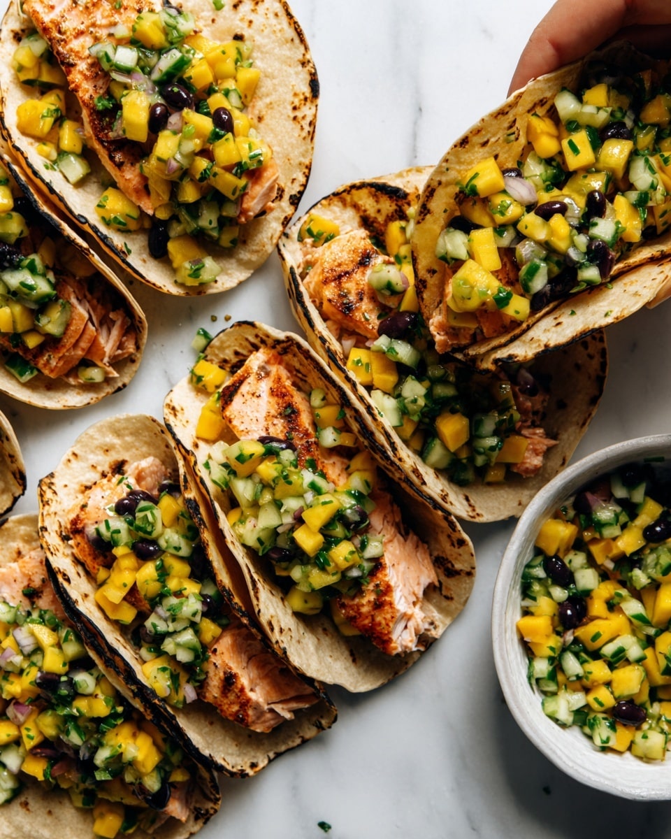 The image shows several tacos arranged closely on a white plate, each taco having a toasted, lightly browned corn tortilla as the base layer. Inside, there is a layer of grilled salmon with a slightly crispy, orange-brown texture, topped with a fresh mix of diced cucumbers, yellow mango pieces, and white onion bits, sprinkled evenly for a colorful contrast. In the background, there is a small white bowl filled with more of the fresh cucumber and mango salsa. The whole scene is set on a white marbled surface, with a woman's hand gently reaching into the top left corner. Photo taken with an iphone --ar 4:5 --v 7