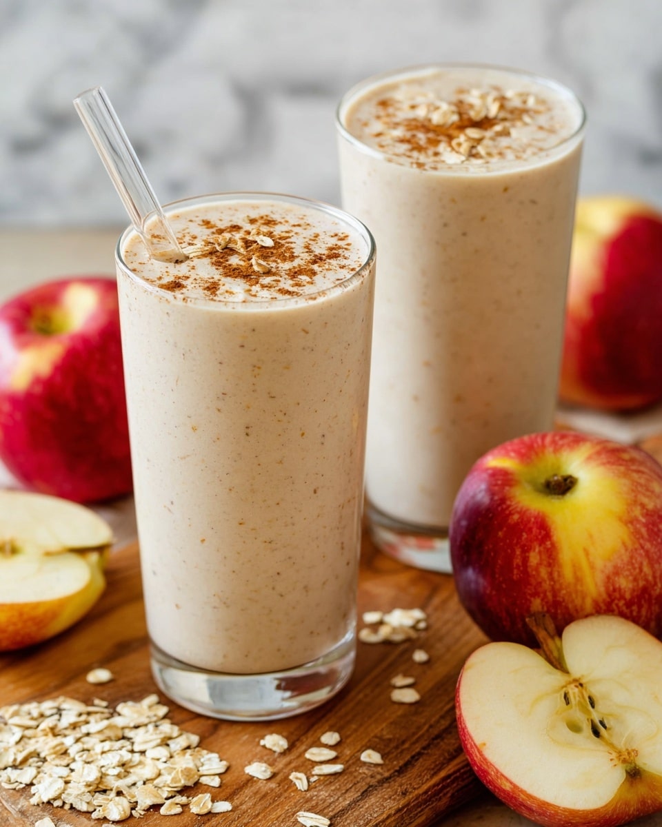 Two clear glasses filled with a creamy, light beige smoothie are placed on a wooden board. Each smoothie is topped with a sprinkle of oats and brown cinnamon powder. A clear straw is inserted into the front glass. Surrounding the glasses are whole red and yellow apples, as well as apple halves showing their white interior and seeds. The surface beneath has a white marbled texture. photo taken with an iphone --ar 4:5 --v 7