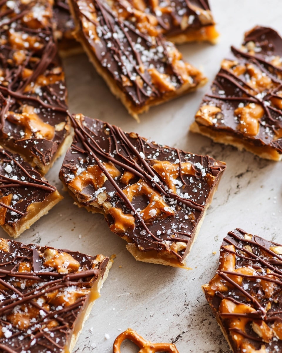 The image shows several pieces of a crunchy treat with three visible layers: the bottom layer is light-colored and crunchy like pretzels, the middle layer is a smooth caramel with a golden-brown color, and the top layer is covered with drizzled dark chocolate in thin repeating lines, with a sprinkling of white salt crystals adding texture. The pieces are arranged on white parchment paper over a white marbled surface, and a few loose pretzels and chocolate bits are scattered nearby. Photo taken with an iphone --ar 4:5 --v 7