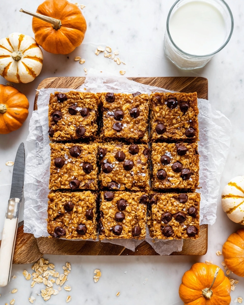 A wooden board holds a square batch of nine oatmeal bars cut into equal pieces, each bar golden brown with visible oats throughout and topped with scattered dark chocolate chips and a few flakes of coarse salt. The bars have a textured, slightly crumbly surface with chocolate chips nestled on top. The board is lined with white parchment paper beneath the bars, and a knife with a white handle rests beside them. Around the board, there are small decorative pumpkins in white and orange, with some loose oat flakes scattered on a white marbled textured surface. A glass of milk is partially visible in the upper right corner. Photo taken with an iphone --ar 4:5 --v 7