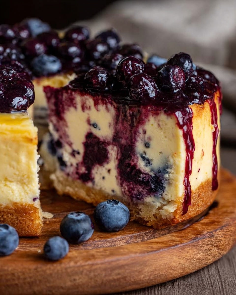 The image shows a thick slice of cake with three visible layers. The bottom layer is a light golden-brown, soft sponge cake. Above it is a thick creamy layer, pale yellow in color with a smooth texture. Dark purple blueberry sauce runs through this creamy layer and drips down the sides, adding a bold contrast. The top layer is decorated with a pile of fresh, round, deep blue blueberries. The cake is placed on a wooden round board with some extra blueberries and a little sauce spread around. The background has a white marbled texture. photo taken with an iphone --ar 4:5 --v 7