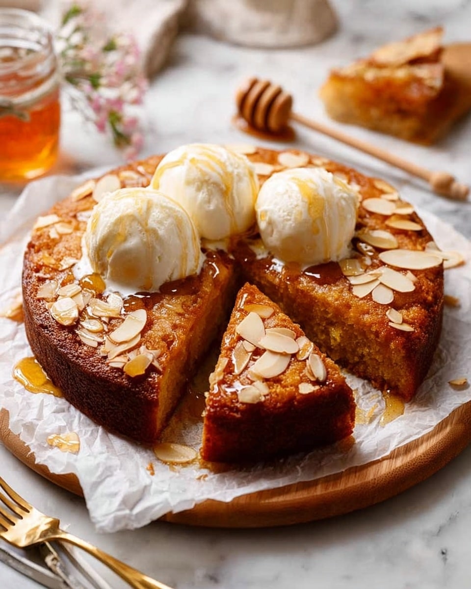 A round cake with a golden brown crust and almond slices scattered on top sits on a piece of white parchment paper on a wooden board. The cake is cut into five slices, with one slice slightly separated, showing a moist, dense interior in a warm brown color. On top of the cake, there are three scoops of melting white ice cream drizzled with amber honey syrup that glistens under the light. In the foreground, there is a glass jar filled with honey and a honey dipper resting on it. The background has a vase with green plants on a white marbled surface, along with a golden fork and knife lying beside the board. Photo taken with an iphone --ar 4:5 --v 7