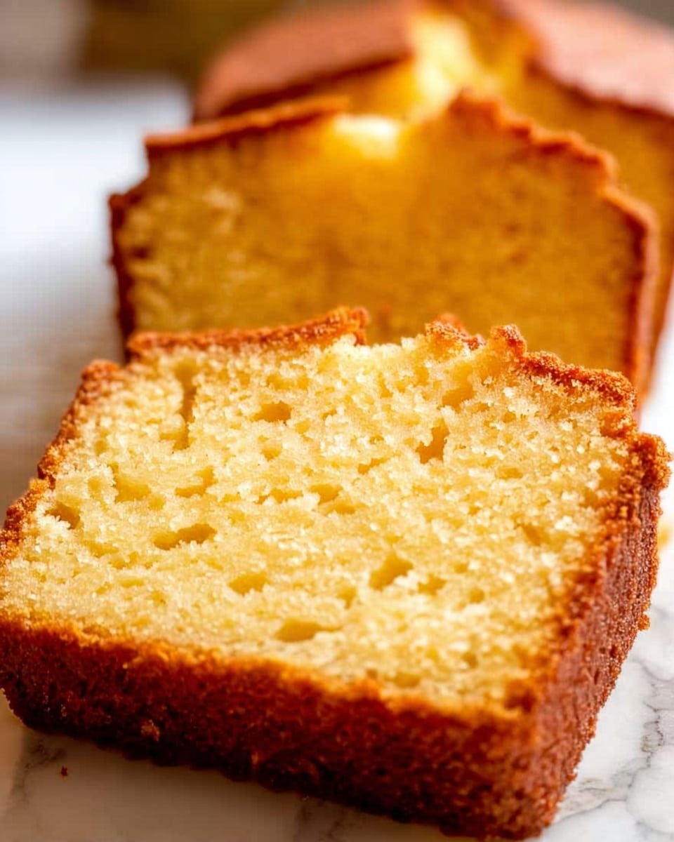 The image shows close-up slices of a loaf cake with a golden brown crust and a soft, light yellow inside with small air holes. The front portion of the loaf is slightly blurred, focusing on the two slices placed behind it, showing their spongy texture and even crumb. The crust has a darker brown, slightly crunchy look, while the inner part looks moist and fluffy. The background is a white marbled texture. Photo taken with an iphone --ar 4:5 --v 7