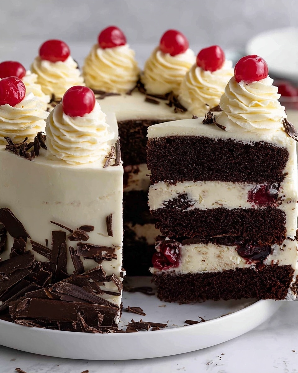 A round cake shown in a close-up view with one slice being lifted, revealing two thick, dark chocolate cake layers separated by white cream with chunks of red cherries. The outside of the cake is covered in smooth white cream, decorated at the bottom edge with dark chocolate shavings. The top has several tall swirls of white cream, each topped with a bright red cherry. The cake sits on a white plate on a white marbled surface, with some chocolate shavings scattered around. Photo taken with an iphone --ar 4:5 --v 7