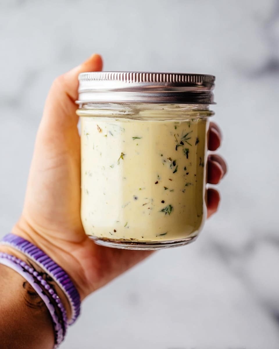 A woman's hand is holding a clear glass jar filled with a creamy, pale yellow sauce that has small green herb pieces and specks of black pepper scattered throughout. The jar has a shiny silver metal lid, and the background shows a soft, white marbled texture. The woman's wrist is adorned with a beaded bracelet in white and purple colors. photo taken with an iphone --ar 4:5 --v 7