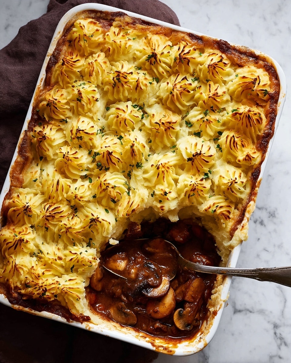 A square white baking dish filled with a layered pie, the top layer is made of golden-brown mashed potatoes piped in swirls arranged evenly across the surface, sprinkled lightly with green herbs. Below the potato layer is a rich, thick brown gravy with visible chunks of meat and whole mushrooms. The edges of the dish show baked and crispy browned gravy traces. A ladle rests inside the dish, lifting some of the mushroom and meat filling, while a slice of the pie sits on a small white plate near the dish, showing the same layers. The dish sits on a white marbled textured surface. photo taken with an iphone --ar 4:5 --v 7