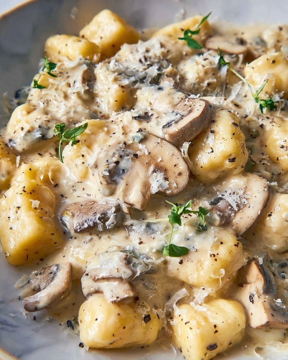 The image shows a close-up of small, soft gnocchi pieces coated in a creamy, off-white sauce mixed with slices of light brown mushrooms. The gnocchi are square in shape with a slightly rough texture, evenly covered with the thick sauce. There are tiny bits of green herbs sprinkled throughout, adding a fresh look to the dish. Thin shavings of white cheese are scattered on top, melting slightly on the warm surface. The food rests on a light, neutral-toned base that contrasts softly with the food, enhancing the creamy colors. photo taken with an iphone --ar 4:5 --v 7