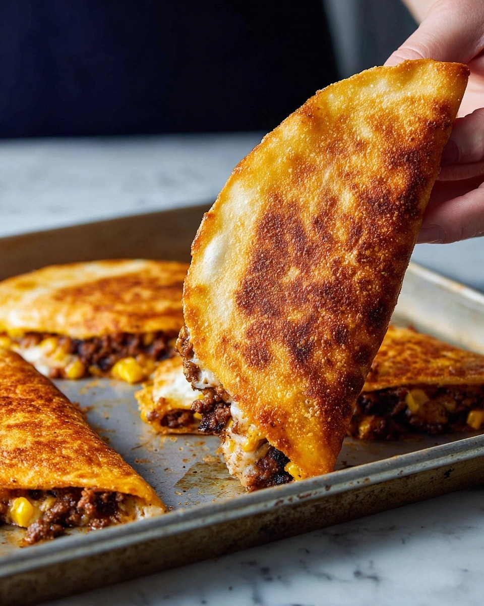A close-up view of a folded crispy golden-brown quesadilla held by a woman's hand from the top right corner, showing a slightly puffed texture on the toasted outer layer. Inside, melted cheese blends with dark brown cooked ground beef and yellow corn kernels, peeking out slightly along the edges. Two more folded quesadillas with the same golden-brown crisp crust rest on a well-used silver baking tray beneath, all set against a white marbled texture background. photo taken with an iphone --ar 4:5 --v 7