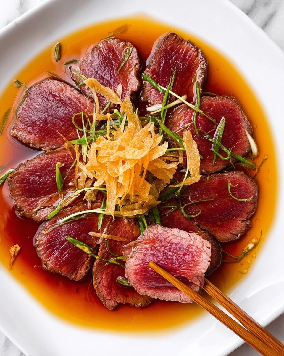 The dish shows several thin slices of rare-cooked beef with a deep red center and brown edges, spread out on a white plate. The beef slices are arranged around a pile of thin, crispy golden fried strands placed in the center. A light brown sauce pools around the meat, adding a glossy texture. Small green herb strips are scattered on top for decoration. A pair of wooden chopsticks holds one beef slice on the right side of the plate. The plate rests on a white marbled surface. photo taken with an iphone --ar 4:5 --v 7