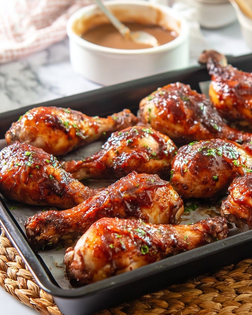A dark metal baking tray holds nine cooked chicken drumsticks arranged in three rows, each drumstick coated with a shiny, reddish-brown glaze and garnished with small green herb pieces. The tray sits on a woven mat placed on a white marbled surface. In the background, there is a white bowl filled with a light brown sauce and a spoon inside it, along with parts of a white bowl containing more chicken drumsticks. The scene is bright and detailed, showing the glossy texture of the drumsticks and the rustic look of the tray. Photo taken with an iphone --ar 4:5 --v 7