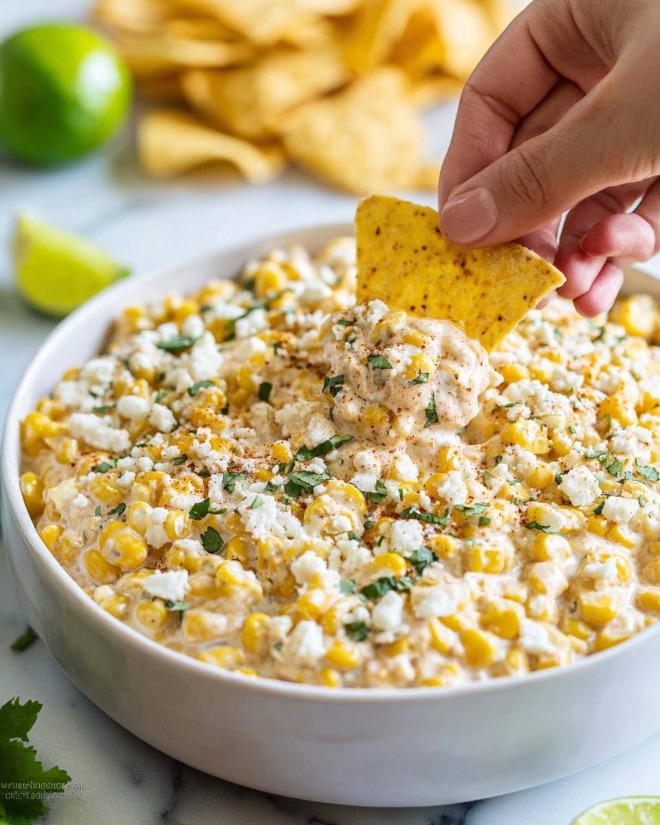 A white bowl with a textured outside edge is filled with a creamy corn dish made of yellow corn kernels mixed with white cheese crumbles and specks of green herbs scattered on top. Woman's hand is dipping a yellow corn chip into the chunky mixture, showing small layers of creamy and crumbly texture with light reddish seasoning visible throughout. In the blurred white marbled textured background, more corn chips and lime pieces are faintly seen. photo taken with an iphone --ar 4:5 --v 7