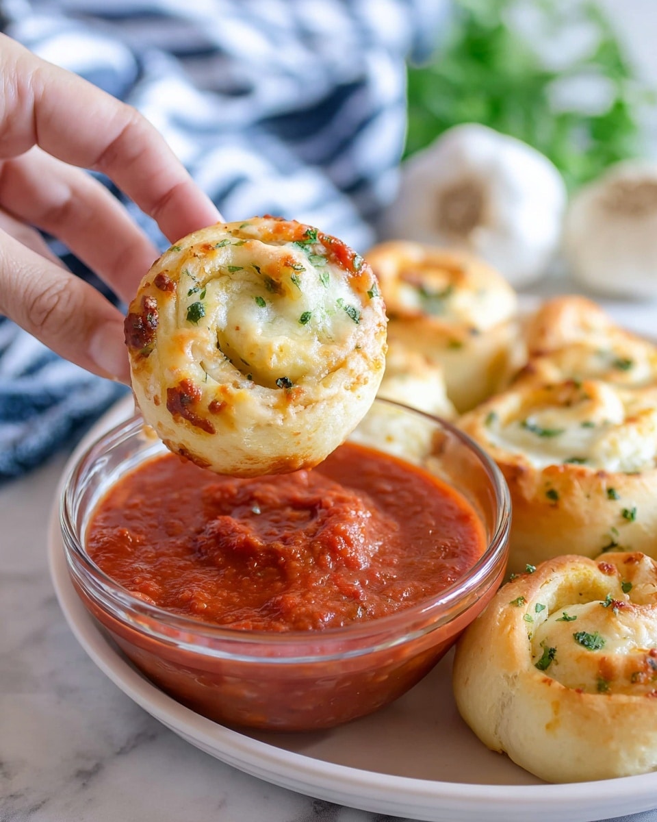 A close-up shows a small golden-brown bread roll with visible melted cheese and green herb pieces on top, held by a woman's hand dipping it into a clear glass bowl filled with chunky, vibrant red tomato sauce. Several similar bread rolls sit next to the bowl on a white plate, resting on a white marbled surface with a striped cloth nearby. The texture of the bread is soft yet slightly crispy on the edges, and the sauce looks thick with visible tomato chunks. Photo taken with an iphone --ar 4:5 --v 7