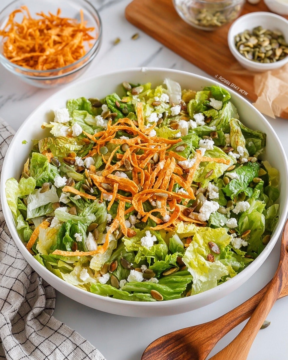 A white bowl filled with a fresh salad that has three main layers: the bottom layer is made of chopped leafy green lettuce, the middle layer contains small light green celery cubes, and the top layer is decorated with thin, curly orange carrot strips, white crumbled cheese, and scattered small brown pumpkin seeds. The bowl sits on a white marbled surface, with a wooden serving spoon and a small glass bowl of extra carrot strips near it. Photo taken with an iphone --ar 4:5 --v 7