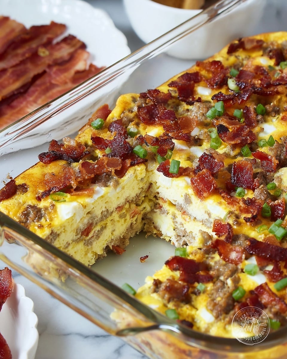 The image shows a square glass baking dish with a thick breakfast casserole cut into squares. The casserole has about three visible layers: a pale yellow egg base mixed with white cheese and bits of green herbs for the bottom, a middle layer with cooked ground sausage pieces and melted cheese giving a golden brown and chewy texture, and a top layer scattered with crispy, reddish-brown bacon strips and chopped green onions adding a fresh color pop. One square piece is slightly removed, showing the soft and fluffy inside with bits of meat and cheese. The dish is set on a white marbled surface with a red and white cloth partly underneath, and there is a white plate with extra crispy bacon on the side. Photo taken with an iphone --ar 4:5 --v 7