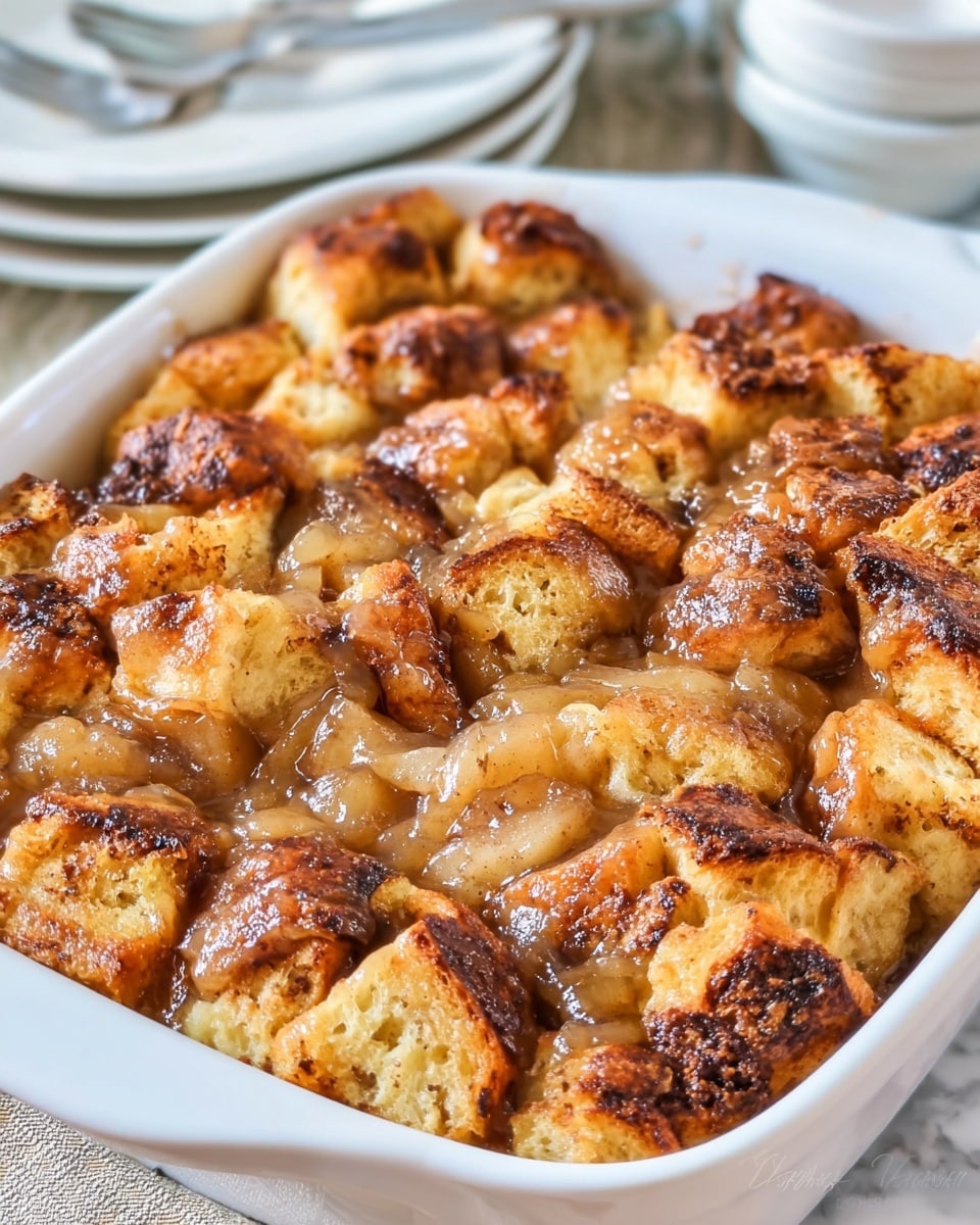 The image shows a close-up of a baked dish in a white rectangular ceramic baking dish. The dish is made up of many uneven chunks of golden brown bread pieces on the top layer, some slightly darker at the edges giving a toasted look. Beneath these pieces, there is a thick, glossy layer of cooked, soft fruit and syrupy sauce that appears shiny and sticky, soaking slightly into the bread pieces. The bread pieces have a rough, textured surface, and the whole dish looks moist and warm. The white marbled surface beneath adds brightness to the warm colors of the dish. photo taken with an iphone --ar 4:5 --v 7
