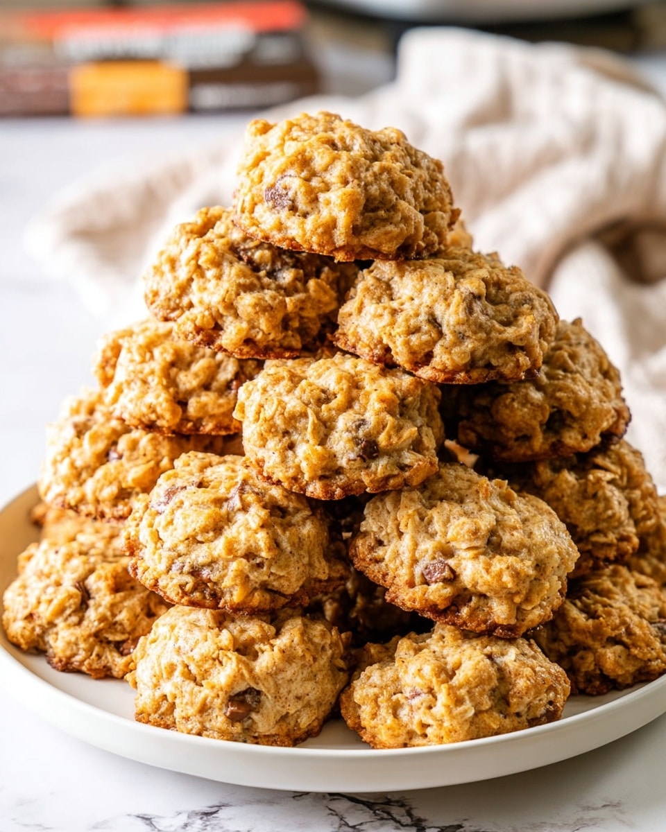 A large pile of small, irregularly shaped cookies is stacked on a white plate. Each cookie is golden brown with a rough, bumpy texture showing visible oats and bits of chocolate or nuts, giving a homemade look. The cookies have a slightly crispy outside with some chewy parts inside. The plate sits on a white marbled surface, with kitchen items softly blurred in the background. photo taken with an iphone --ar 4:5 --v 7