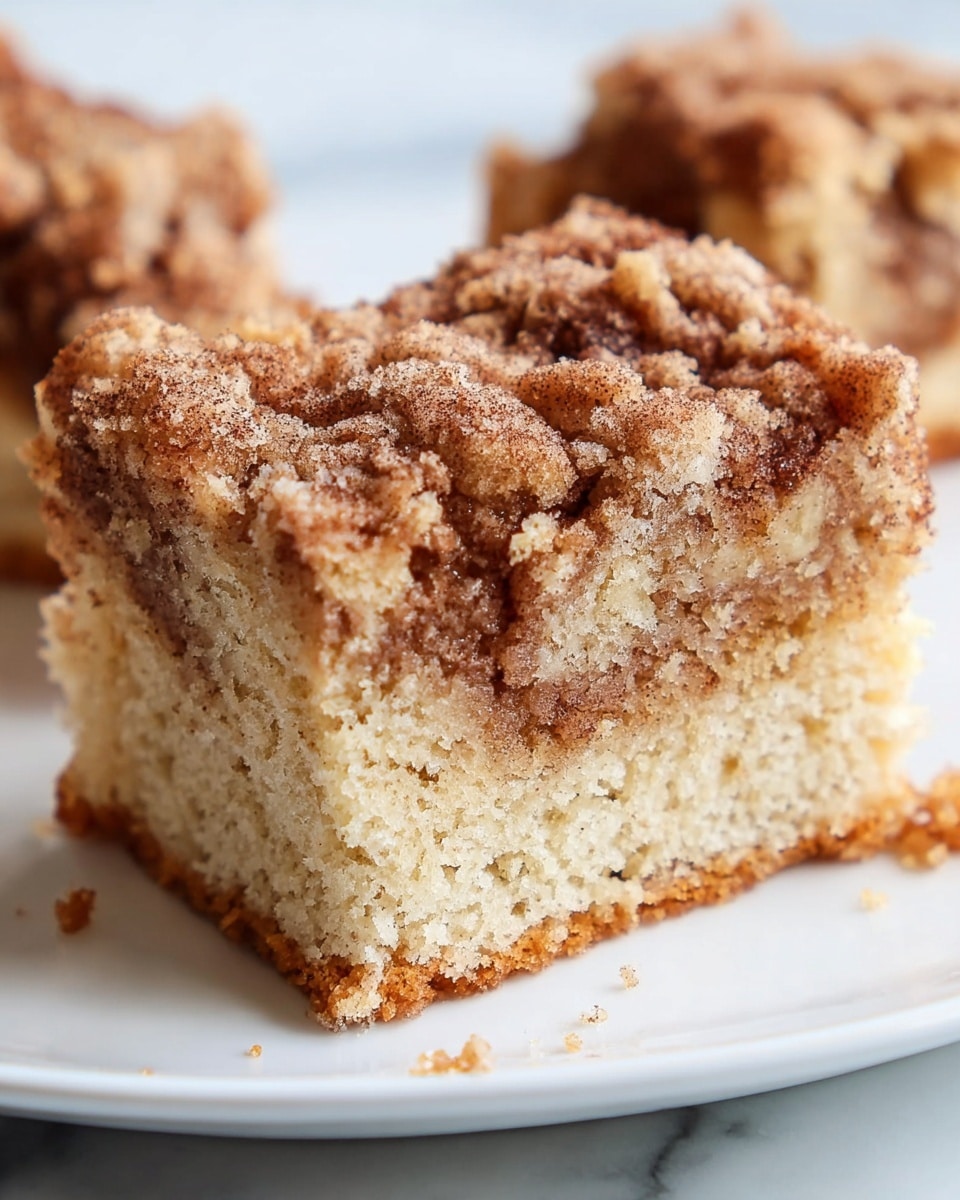 A close-up view of a square piece of crumb cake with two visible layers, the bottom layer is light beige and soft with a slightly crumbly texture, while the top layer is a thick, crumbly streusel topping with a mix of light brown and darker brown shades, giving a crunchy look. The cake sits on a white plate over a white marbled surface, with some crumbs scattered around and a blurry background showing more pieces of the same cake. Photo taken with an iphone --ar 4:5 --v 7
