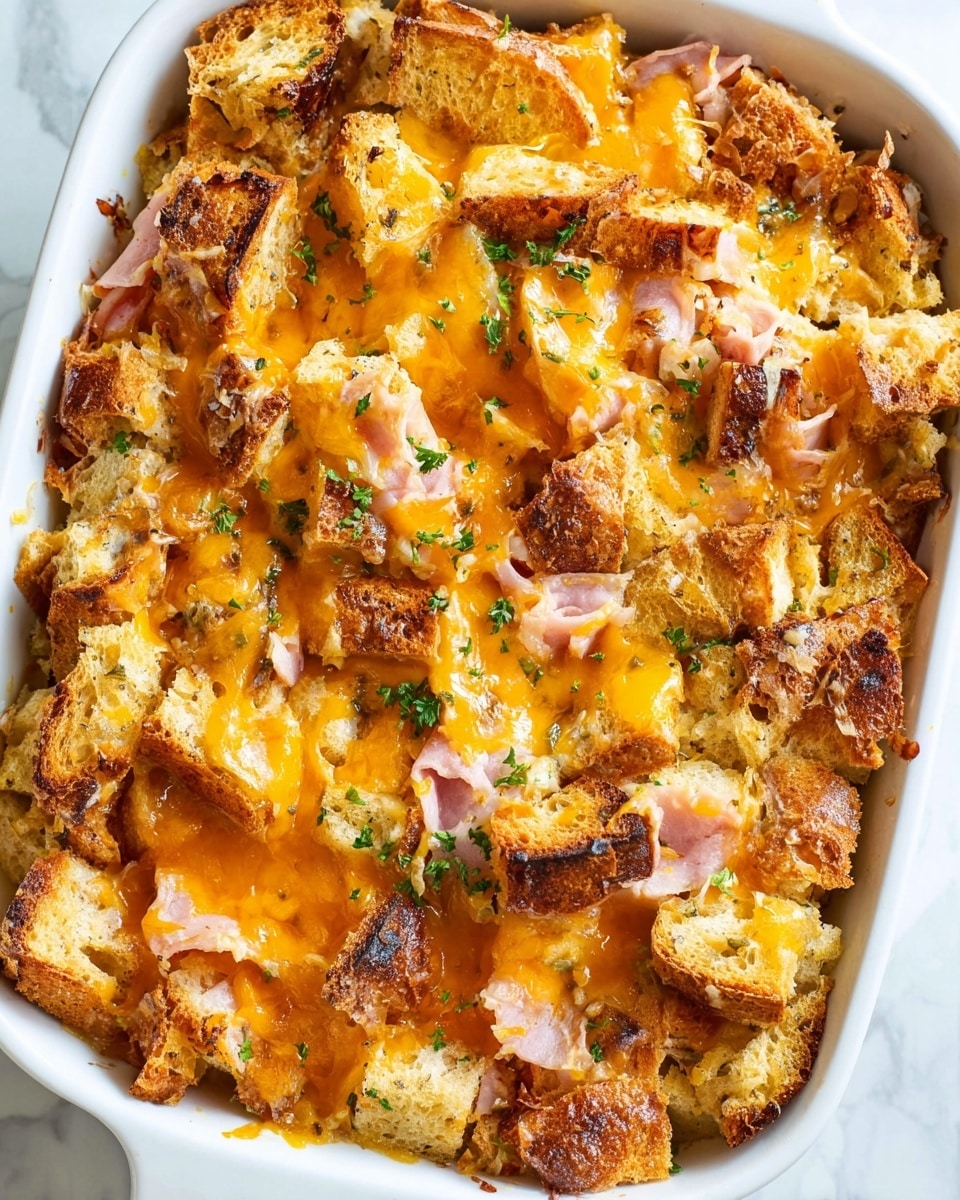 The dish is a baked casserole in a white rectangular baking dish. It has three visible layers: the bottom layer is slightly hidden but shows some browned ham slices with curled edges. The middle layer consists of chunks of bread that are golden-brown and toasted, with a crunchy texture. The top layer is melted cheddar cheese with a rich orange color, melted unevenly over the bread pieces and ham. There are small green parsley leaves scattered across the top as garnish. The edges of the bread show some crispiness with a toasted brown color. The background is a white marbled textured surface. photo taken with an iphone --ar 4:5 --v 7