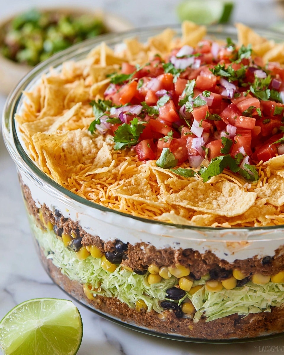A clear glass bowl holds a layered dip with five visible layers from bottom to top: a light green chopped lettuce layer, a dark black bean layer mixed with yellow corn, a brown seasoned ground meat layer, a thick white creamy layer, and a top layer of light yellow crushed tortilla chips covering the surface. In the center on top of the chips is some fresh, colorful pico de gallo, made up of red diced tomatoes, white onion pieces, and green herbs, along with two green lime wedges. The bowl sits on a white marbled surface. Photo taken with an iphone --ar 4:5 --v 7
