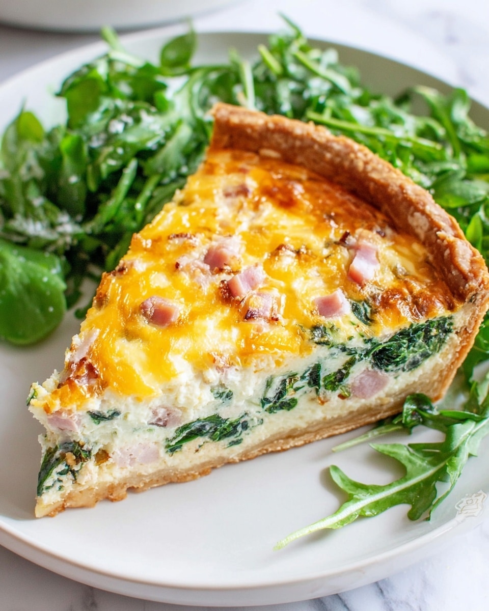 A slice of quiche is placed on a white plate with some green leafy salad on the right side. The quiche has three main layers: a golden, flaky crust at the bottom and edges; a thick, creamy layer filled with vibrant green spinach mixed into a pale egg mixture in the middle; and a top layer of melted orange and yellow cheddar cheese with small pieces of pink ham scattered across it. The background is a white marbled surface. Photo taken with an iphone --ar 4:5 --v 7