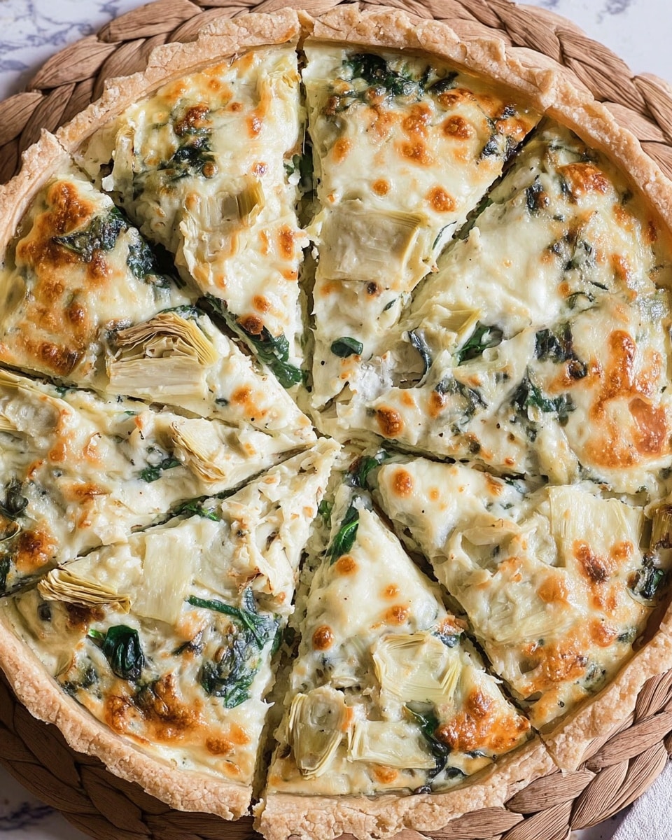A round quiche with a golden-brown crust that edges the whole dish, showing a flaky and slightly crumbly texture. Inside, there are three main visible layers: the bottom crust, a creamy pale yellow filling speckled with bits of melted cheese, and on top, a mix of cooked greens and artichoke pieces that add patches of dark green and light beige. The cheese is melted smoothly, with some browned spots here and there. The quiche is cut into eight slices and sits on a white plate over a woven mat surface with a light blue and white striped cloth in the corner. Photo taken with an iphone --ar 4:5 --v 7