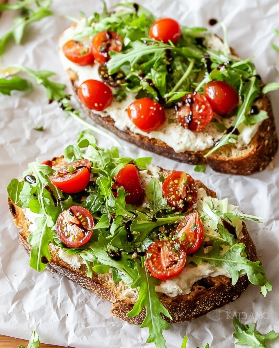 Two pieces of toasted brown bread are placed on white parchment paper over a white marbled surface. Each piece has a layer of melted white cheese or cream spread, topped with bright green arugula leaves, and scattered with halved shiny red cherry tomatoes. There are thin drizzles of dark balsamic glaze over the greens, adding a glossy contrast. The textures show the crisp bread edges and fresh, juicy tomatoes, making the open-faced sandwiches look fresh and colorful. Photo taken with an iphone --ar 4:5 --v 7
