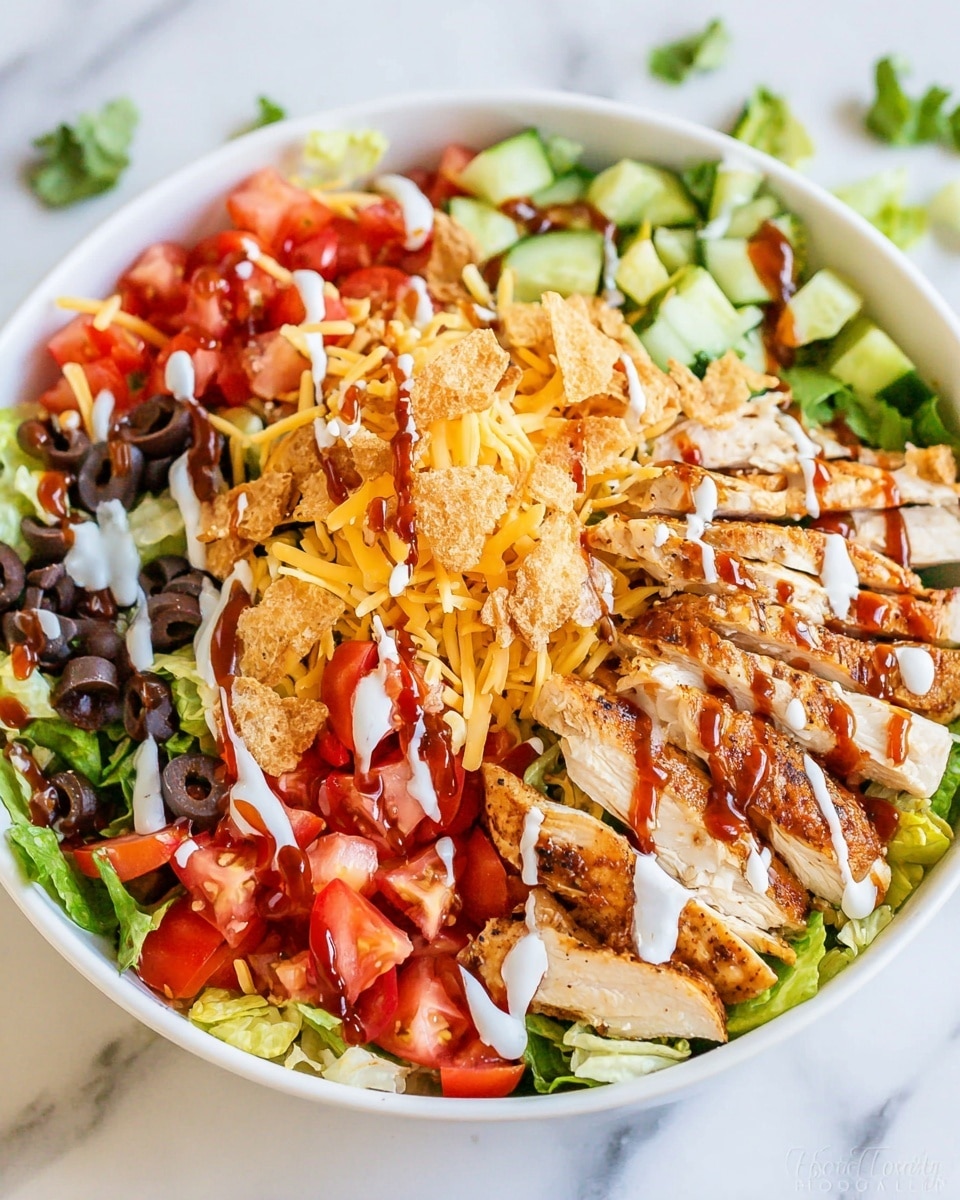 A colorful salad bowl with multiple layers is shown on a white marbled surface. The base layer consists of fresh green lettuce leaves surrounding diced green cucumber and bright red tomato chunks, with small pieces of red bell pepper mixed in. On top, there are grilled chicken pieces with a light brown, slightly crispy texture on the right side of the bowl. Scattered over the salad are shredded yellow cheddar cheese and toasted crispy onion strings, adding a crunchy texture. The entire dish is drizzled with white ranch dressing and a dark brown barbecue sauce, creating a contrast against the fresh vegetables and chicken. The bowl is white with a subtle dotted texture on its side. Photo taken with an iphone --ar 4:5 --v 7