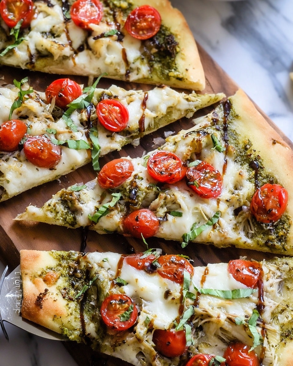The image shows three slices of pizza on a round wooden board with a white marbled surface underneath. The pizza has a thin, golden-brown crust as the base layer. On top is a layer of melted white cheese covering most of the surface, with dollops of green pesto sauce scattered across. Sharp-edged, bright red cherry tomato halves are placed over the pesto and cheese, adding vibrant color. Thin, fresh green basil strips are sprinkled on top, offering a fresh texture. The pizza also has thin lines of dark balsamic glaze drizzled on it for extra detail. The overall look is fresh, colorful, and slightly glossy, with the focus on the middle slice partially lifted by a metal spatula. photo taken with an iphone --ar 4:5 --v 7