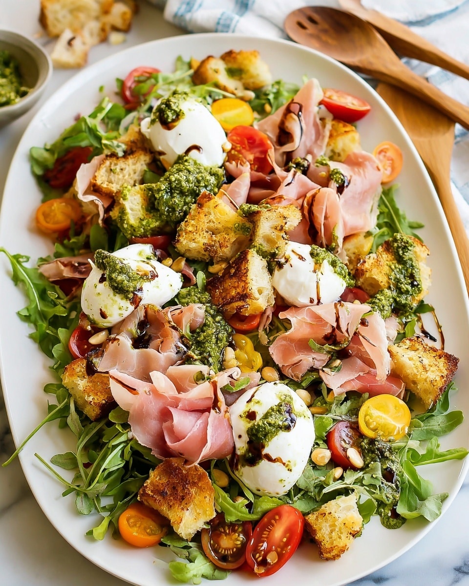 A large white oval plate holds a fresh salad with multiple layers: a base of green arugula leaves, topped with bright red and yellow cherry tomato halves, and curly thin slices of pale pink prosciutto scattered across. Crunchy golden-brown croutons with some grilled marks are spread on top, along with soft white dollops of creamy cottage cheese. Small toasted pine nuts are sprinkled across the salad, and there are dollops of green pesto adding texture and color. The whole salad is finished with a thin drizzle of dark balsamic glaze. The plate rests on a white marbled surface, and in the background, two wooden salad servers are placed on the edge of the plate. photo taken with an iphone --ar 4:5 --v 7