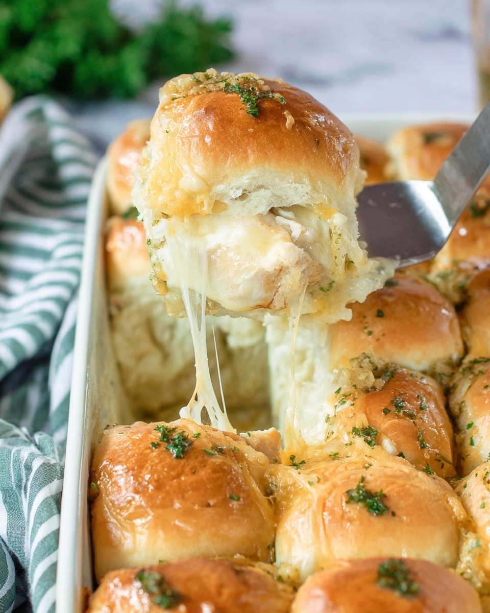 A dish of soft golden brown slider buns in a white glass pan arranged in a 3 by 4 grid, each bun topped with chopped green herbs. One slider is being lifted with a spatula, revealing three visible layers inside: the top golden bun, a thick middle layer of melted, stretchy white cheese, and the bottom golden bun with bits of chicken mixed with sauce that looks creamy and slightly yellow. The tops of buns shine slightly with a glaze, and the background is a white marbled texture. photo taken with an iphone --ar 4:5 --v 7