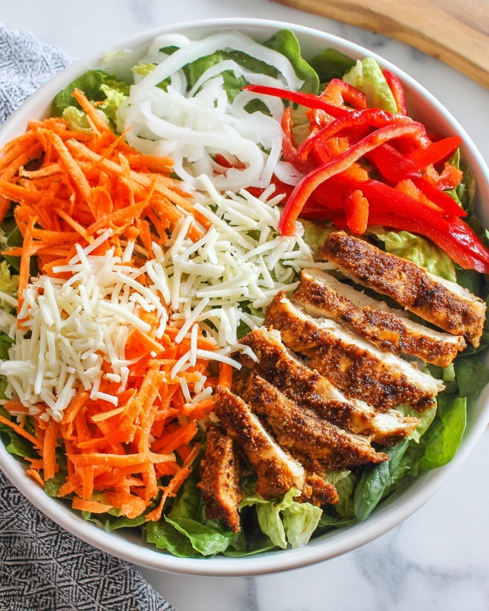 A white bowl filled with a fresh salad placed on a brown woven mat over a white marbled surface; the base layer is green leafy lettuce. On top of the lettuce, there are four distinct sections: bright orange shredded carrots on the bottom left, thin white onion slices on the top left, bright red bell pepper strips on the top right, and grilled chicken breast strips with a browned, spiced outer layer on the right center. Light sprinklings of white shredded cheese are scattered over the chicken, onions, and carrots. Photo taken with an iphone --ar 4:5 --v 7