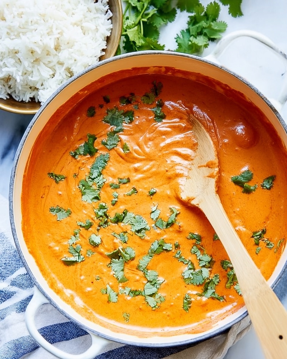 A top view of a white pot filled with creamy orange curry sauce, swirled with light cream and topped with fresh green cilantro leaves. A wooden spoon is placed inside the pot, partially covered in the sauce. In the background, there is a white bowl of steamed white rice on a white marbled surface, along with a blue and white checked cloth partially visible. Photo taken with an iphone --ar 4:5 --v 7
