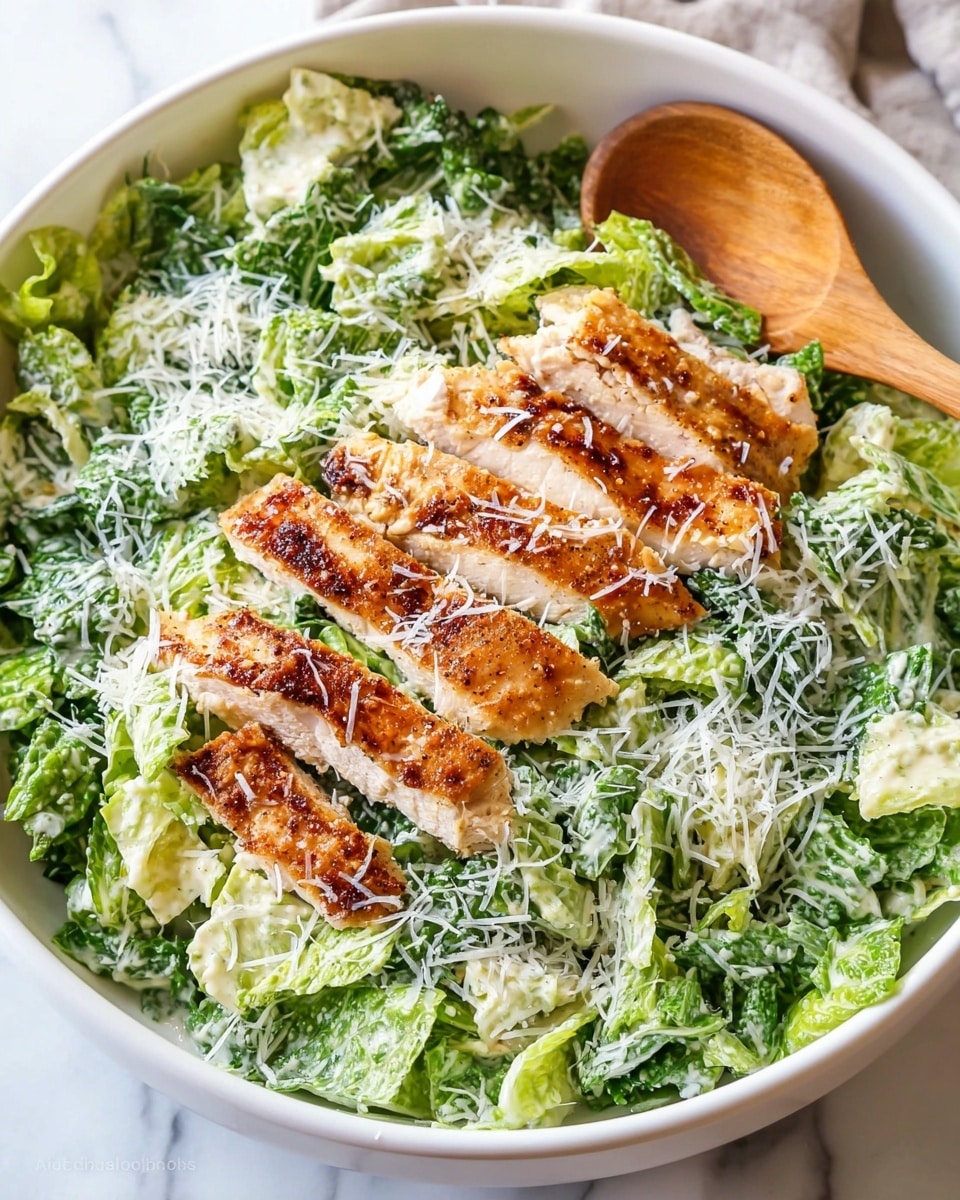 In a white bowl, there is a fresh green salad made mostly of chopped leafy lettuce. On top of the greens, there are grilled chicken slices with a light brown, crispy texture, cut into several pieces and placed close together in the center. The salad is sprinkled with finely grated white cheese that lightly covers both the chicken and the lettuce. A wooden spoon is partly visible on the right side, resting inside the bowl. The bowl is placed on a surface with a white marbled texture. photo taken with an iphone --ar 4:5 --v 7