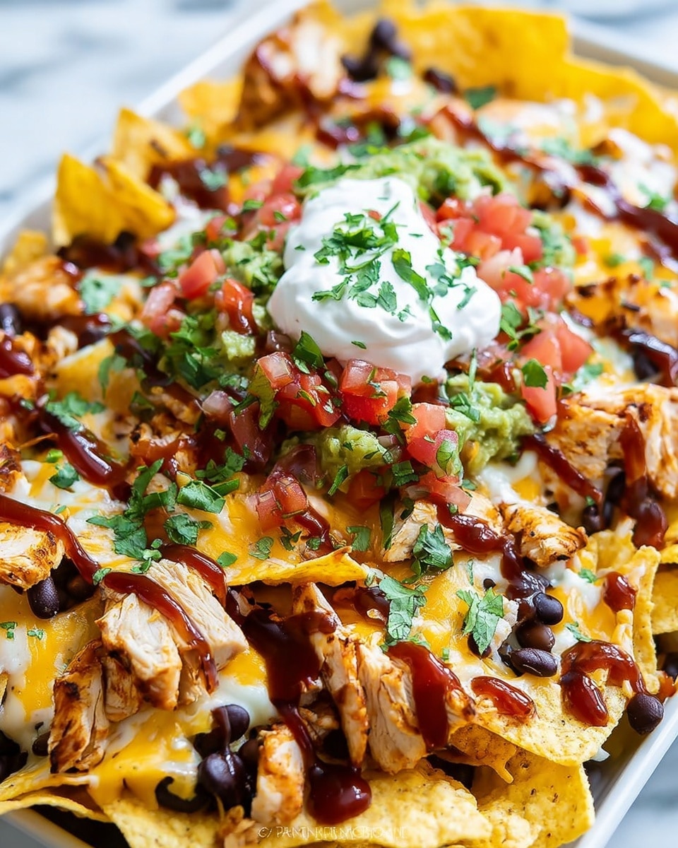A close-up view of loaded nachos on a white plate placed on a white marbled surface, showing multiple layers: the base layer consists of light yellow corn tortilla chips topped with melted yellow cheese. Scattered over the chips are small black beans and golden corn kernels. Pieces of grilled chicken with a slightly charred texture are spread evenly throughout. Drizzled on top is a dark reddish-brown sauce adding a glossy texture. The center is crowned with a dollop of white sour cream, a heap of finely chopped red tomatoes, and sprinkles of fresh green chopped cilantro. Photo taken with an iphone --ar 4:5 --v 7