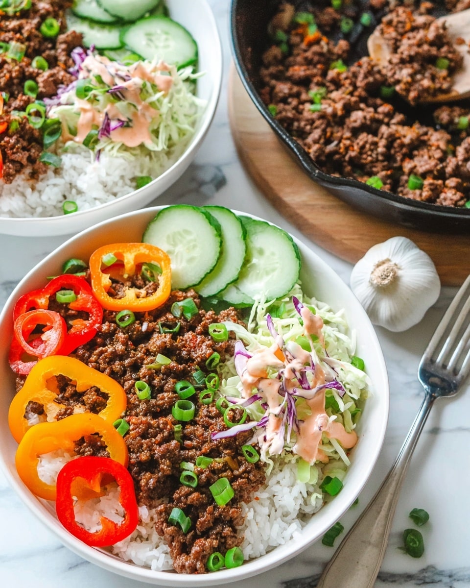The image shows two white bowls filled with a colorful ground beef and vegetable rice dish on a white marbled surface. Each bowl has three main layers: at the bottom is a bed of white rice, in the middle is a generous serving of browned ground beef mixed with finely chopped green onions, and on top and around the edges are thin, round slices of bright orange, red, and yellow mini bell peppers, along with fresh cucumber slices on one side. Some creamy, pinkish sauce is drizzled over the beef and vegetables, adding texture and contrast. In the background, there is a whole bulb of garlic and a black cast iron skillet filled with ground beef, along with a fork placed beside the bottom bowl. The overall look is fresh, colorful, and appetizing. photo taken with an iphone --ar 4:5 --v 7