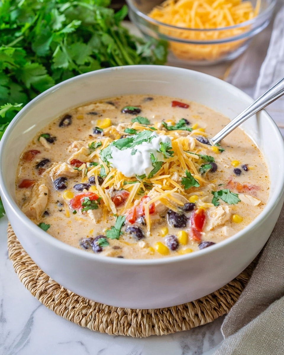 A white bowl filled with creamy soup that has a light beige base with visible chunks of white chicken, black beans, yellow corn, and small red pieces of tomato. The soup is topped with a dollop of white sour cream, scattered small shredded yellow and white cheese, and fresh green cilantro leaves. A silver spoon is placed inside the bowl, and the bowl sits on a woven mat on top of a white marbled surface. In the background, there is a small bowl of shredded cheese and some green herbs. Photo taken with an iphone --ar 4:5 --v 7