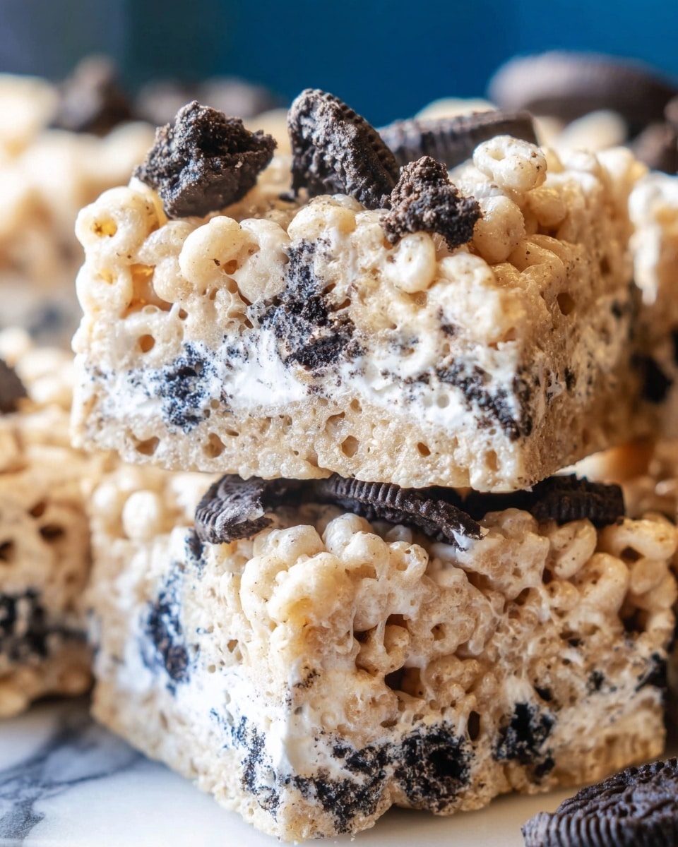 A close-up view of a thick square treat made of puffed rice cereal mixed with melted marshmallow and scattered chunks of dark chocolate sandwich cookies throughout. The cereal layer is light cream-colored, soft, and sticky, with small black cookie crumbs embedded on the top and inside. The texture looks chewy and slightly glossy, with some shiny marshmallow threads stretched between the pieces. The treat is stacked on more pieces of the same dessert on a white marbled surface with a blurred deep blue background. photo taken with an iphone --ar 4:5 --v 7