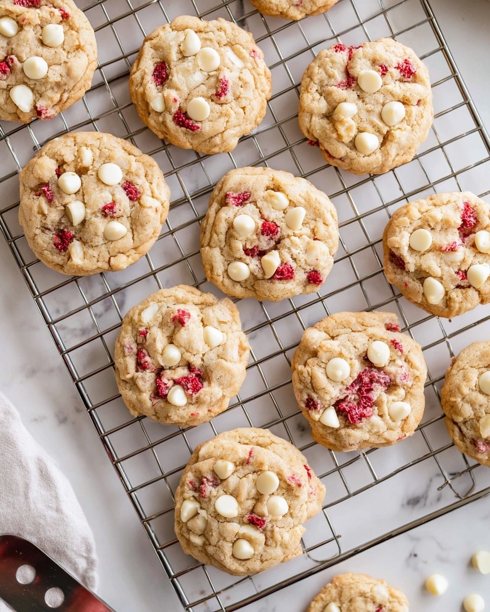 A wire rack holds fourteen round cookies with a rough, bumpy texture, each dotted with many white chocolate chips and bits of red berries baked inside. The cookies have a light golden brown color with some edges slightly darker, showing they are freshly baked. The rack is placed on a white marbled surface scattered with some loose white chocolate chips. A silver spatula and a white towel with blue stripes are partially visible beside the rack. photo taken with an iphone --ar 4:5 --v 7
