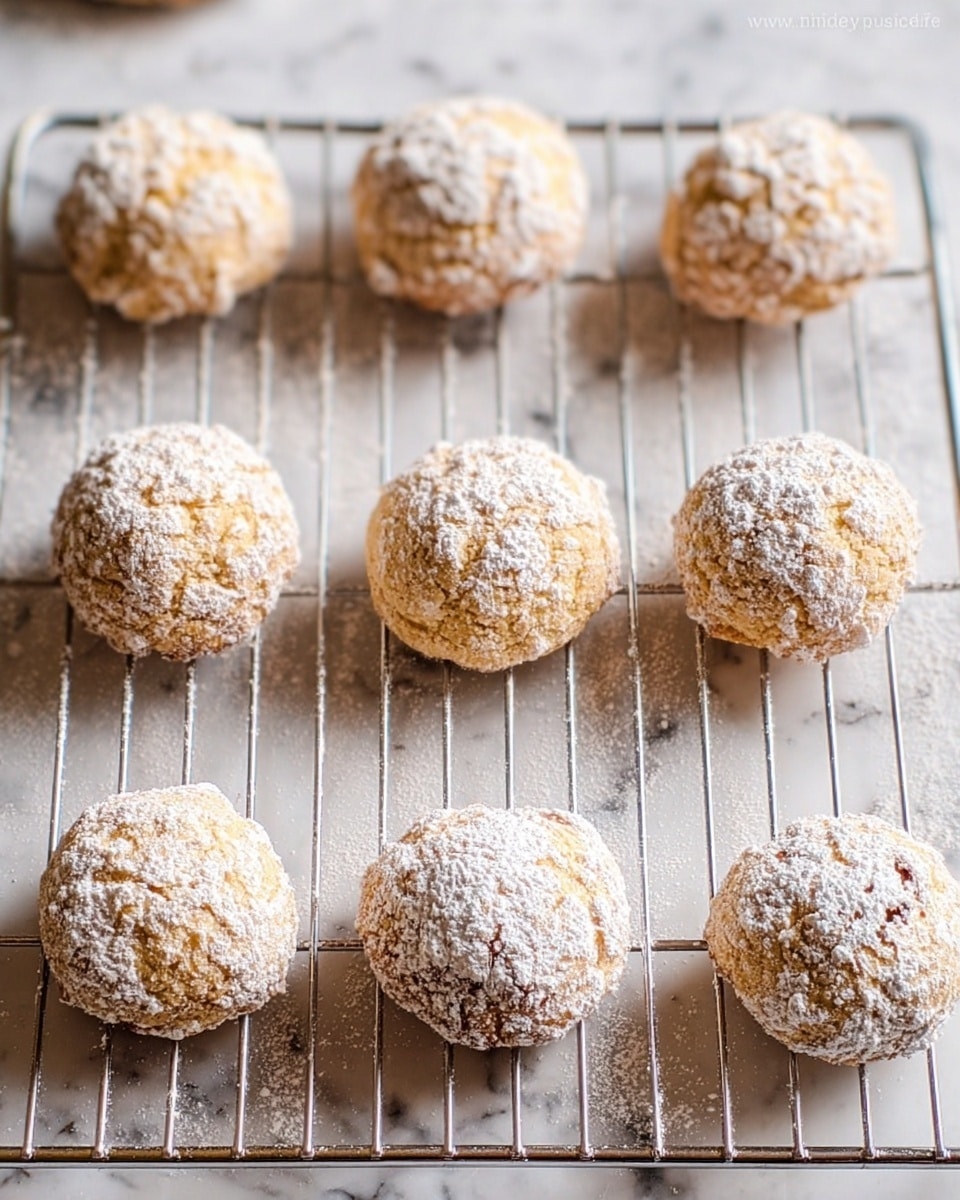 The image shows eight small round cookies placed on a silver wire cooling rack over a white marbled surface. Each cookie is light brown with a rough texture and is covered unevenly with a dusting of white powdered sugar. The cookies have a slightly cracked surface, suggesting a soft interior. The focus is on the front cookie with the others softly blurred in the background, creating depth in the image. photo taken with an iphone --ar 4:5 --v 7