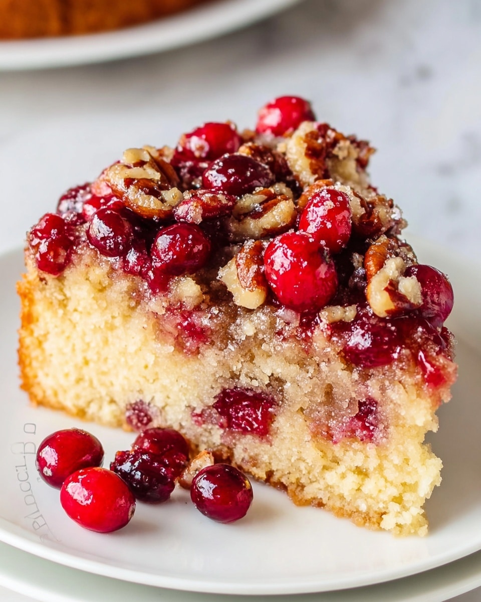 A single slice of cake is shown on a white plate, resting on a white marbled texture. The cake has two layers: the bottom layer is a light beige, soft and spongy cake with a slightly crumbly texture, and the top layer is a thick, glossy mix of bright red cranberries and brown nuts that look sticky and sweet. In the background, slightly out of focus, there is a metal cup filled with more cranberries along with a few loose cranberries scattered nearby. The colors are rich and warm, giving the cake a fresh, homemade look. Photo taken with an iphone --ar 4:5 --v 7
