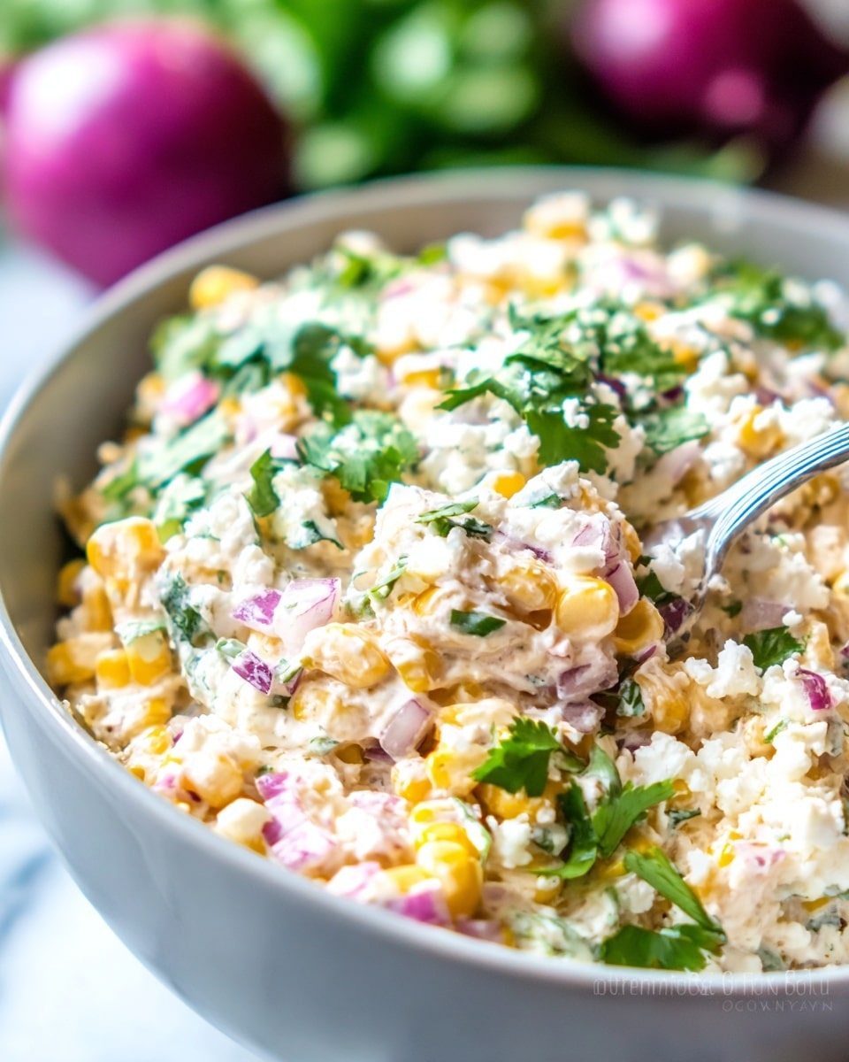 A close-up of a creamy corn salad in a white bowl filled with a mix of yellow corn kernels, chopped green cilantro, small pieces of red onion, and white crumbly cheese on top. The salad has a soft creamy texture with visible green herbs and spices mixed evenly. A silver spoon is partially submerged on the right side of the bowl, ready to scoop. The background includes blurred vegetables with a red and green tone against a white marbled surface. photo taken with an iphone --ar 4:5 --v 7