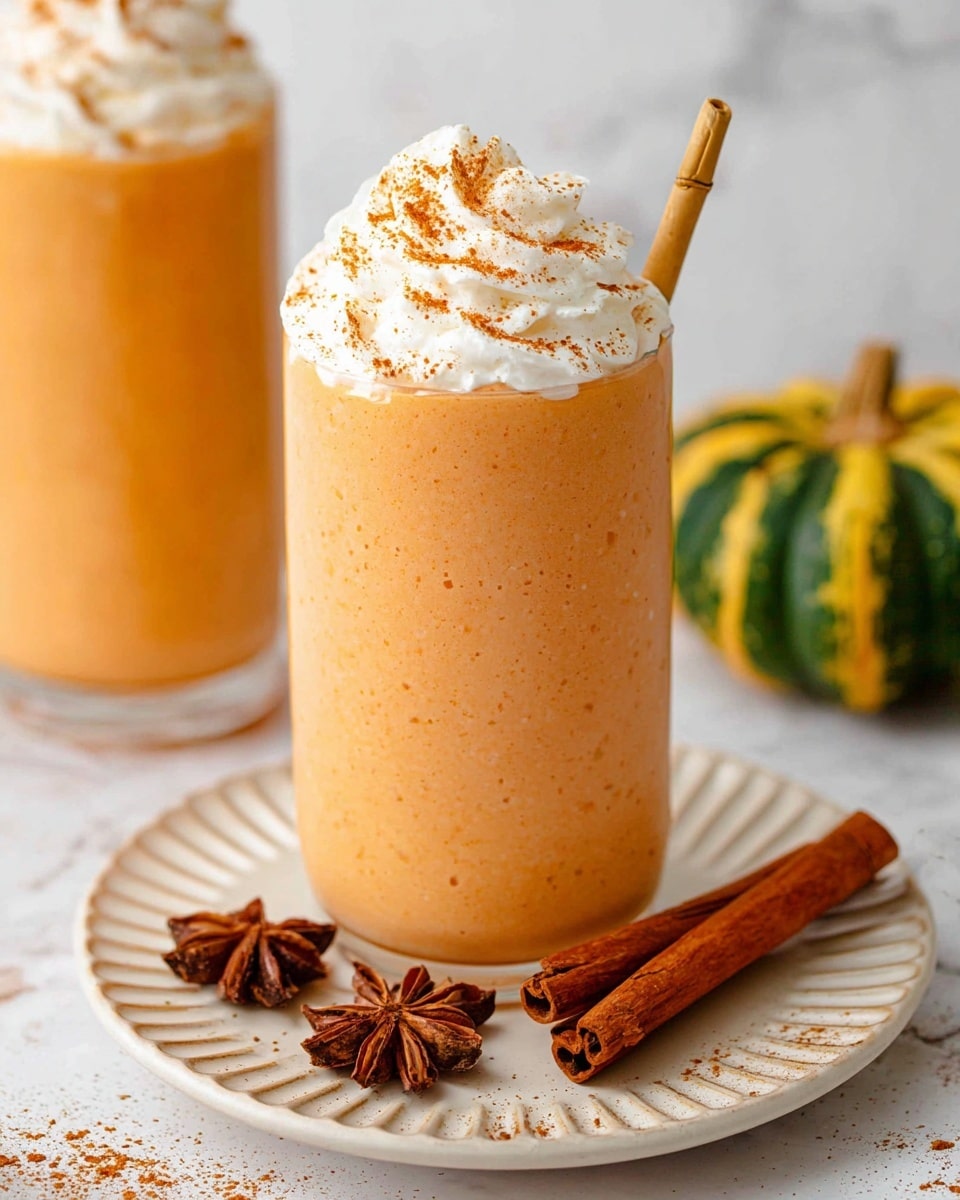 A tall glass filled with a smooth, light orange pumpkin smoothie topped with a thick swirl of white whipped cream, lightly dusted with cinnamon spice powder, and a natural brown bamboo straw inserted on the left side; the glass sits on a white plate with a ridged edge, accompanied by two cinnamon sticks and a star anise on the plate and two more cinnamon sticks nearby on a wooden board underneath, all placed on a white marbled surface with blurred green pumpkin in the background; photo taken with an iphone --ar 4:5 --v 7