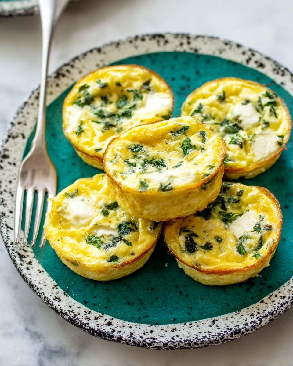 Five mini egg muffins are stacked in the center of a round white plate with a green inner surface and a black speckled rim. Each muffin has a golden-yellow top mixed with small green herb pieces and white bits of cheese, showing a slightly browned edge. The muffins have a soft and fluffy texture with a few raised spots from bubbling during baking. A silver fork with a white handle lies on the plate beside the muffins. The plate sits on a white marbled surface, with parts of another plate and bowl shown at the edges. photo taken with an iphone --ar 4:5 --v 7